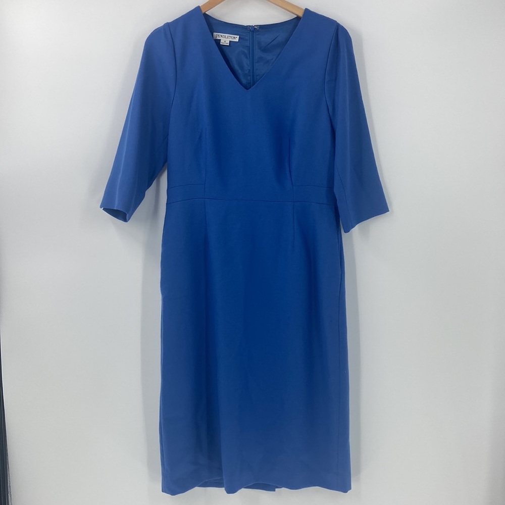 Pendleton Virgin Wool blue sheath V neck career office dress elegant classic